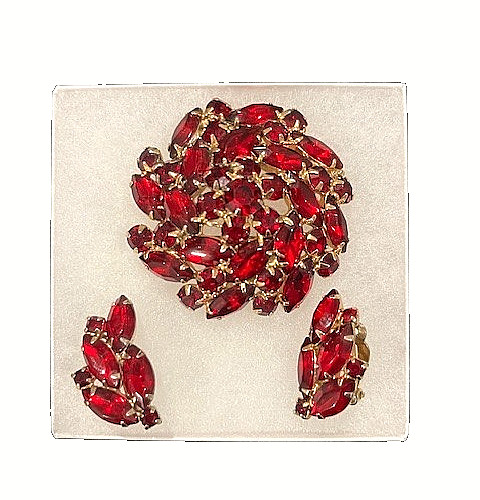 Vintage Red Rhinestone Brooch & Earrings Set | Gold-tone Signed Celebrity NY