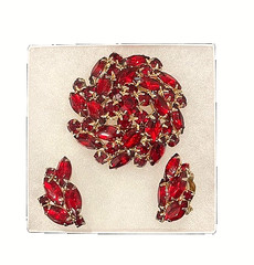 Vintage Red Rhinestone Brooch & Earrings Set | Gold-tone Signed Celebrity NY