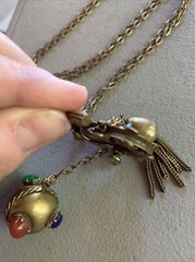 RARE Antique Brass CZECH Unique Necklace Tassel Stone Chatelaine Pulley Fob