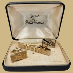 Cufflinks Tie Clip Set Gold Tone Styled by Fifth Avenue Vintage Original Box