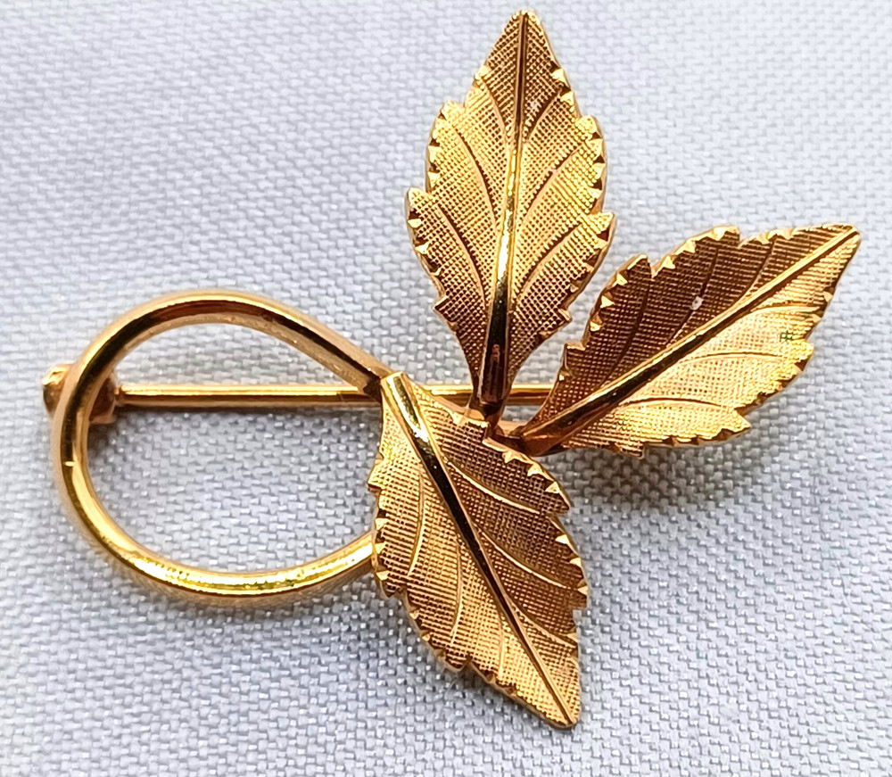 Vintage Van Dell Leaf Brooch Pin 12K Gold Filled Textured & Polished Finish