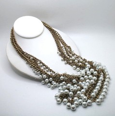 Vintage RJ Graziano 4-strand faux pearl and goldtone chain statement necklace