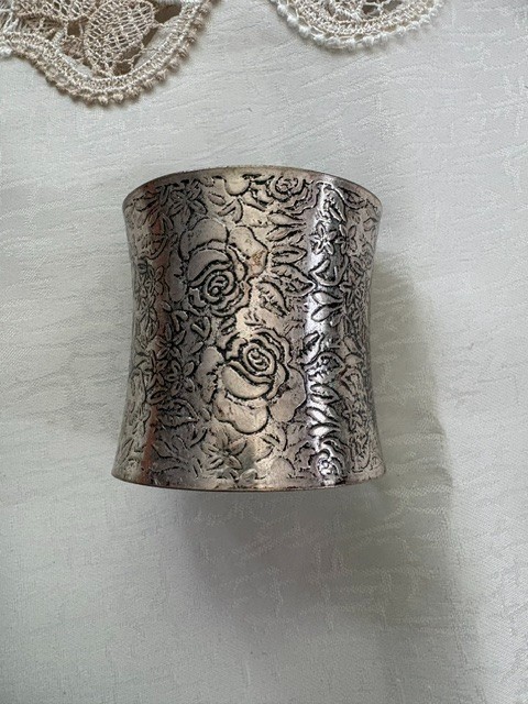 Vintage Wide Rose Cuff Bracelet – 3″ Silver Tone Floral Engraved – Adjustable