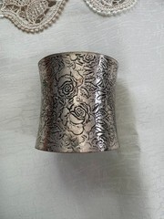 Vintage Wide Rose Cuff Bracelet – 3″ Silver Tone Floral Engraved – Adjustable