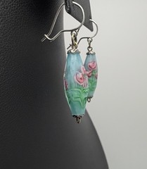Vintage Sterling Silver Art Glass Floral Rose Dangle Earrings Venetian Style