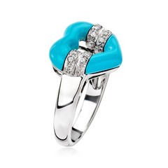 Vint Blue Resin Heart Rng w Diamonds in 14k White Gold Size 7