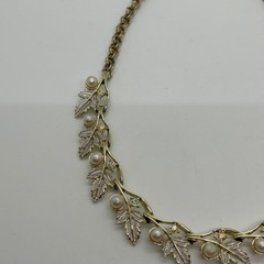 Vintage Judy Lee Gold Tone Necklace Leaf Design Faux Pearls Rhinestones Elegant