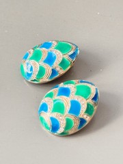 Vintage MARVELLA Blue & Green Enamel Bracelet, Brooch & Earring Set!