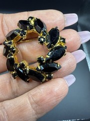 Opaque Black Rhinestone And Gold Toned Circle Wreath With Navette Vintage Brooch