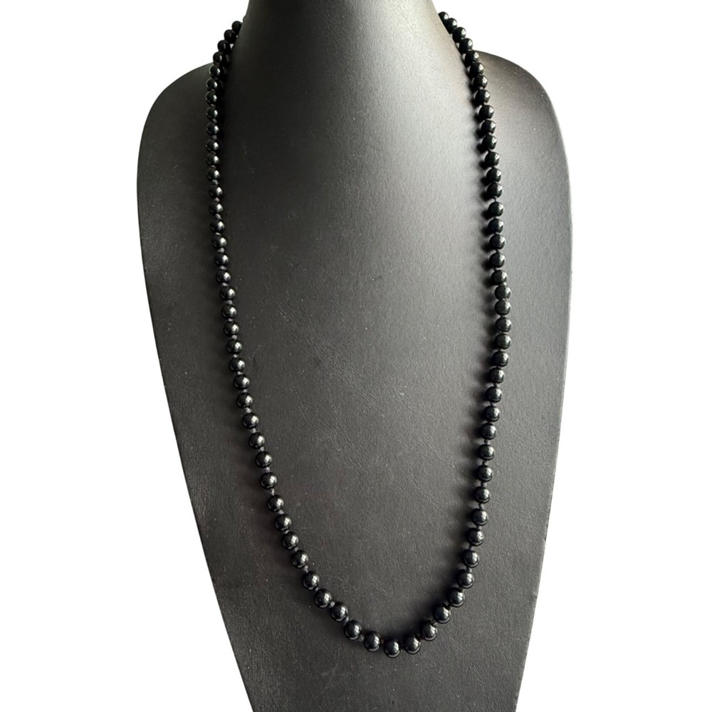Vintage Long Necklace Jet Black Round Glass Beaded Flapper NO Clasp 32 inches