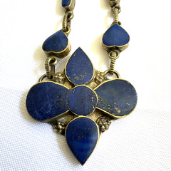 Vintage Pakistan Lapis Lazuli Flower Necklace, Boho Ethnic Inlay, Blue Stone