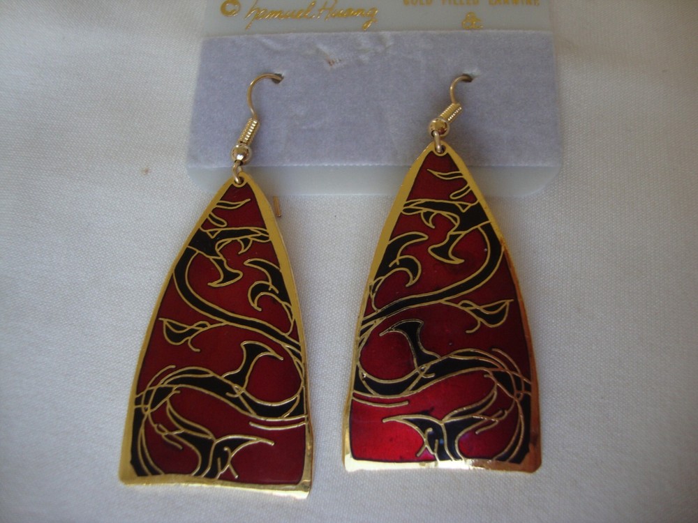 VINTAGE 1970 SAMUEL HUANG DESIGNER CLOISONNE RETRO ABSTRACT BLACK & RED EARRINGS