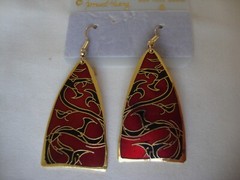 VINTAGE 1970 SAMUEL HUANG DESIGNER CLOISONNE RETRO ABSTRACT BLACK & RED EARRINGS
