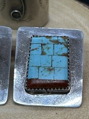 Ronnie Calabaza Sterling Silver, Turquoise & Coral Earrings Zuni NM Square NA