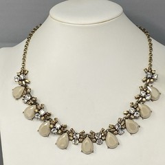 Statement Rhinestone Necklace Gold Tone Bib Tan Acrylic Clear Metallic Glass 18″