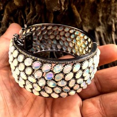 Stunning 3.51ctw Rose Cut Diamond Opal Studded Silver Victorian Bangle Bracelets