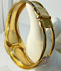 Cloisonne Enamel Bracelet Hinged Bangle Push-in Clasp Floral on Black