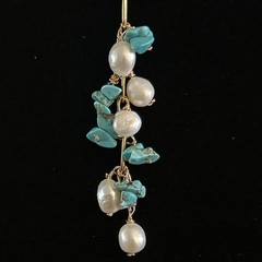 Natural Pearl and Turquoise cascade pendent with Leather Necklace