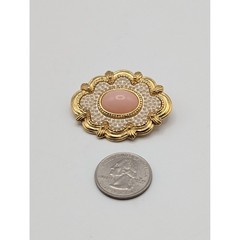 Vintage Gold Tone Scalloped Brooch Pin Pink Cabochon Faux Seed Pearl 2 Inch