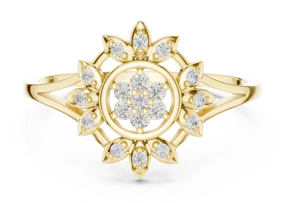 10K Yellow Gold FN With 0.20TCW Round Cut White Moissanite Sunburst Floral Ring