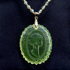 Uranium Glass Necklace 23” Cameo Pendant Vaseline Yellow Czech Beads