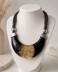 Chunky Black Resin Gold Leaf Statement Bib Necklace | Modern Art Jewelry |