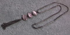 Vintage Gun Metal Colored Tasseled Necklace With Grey Stones & Clear Rhinestones