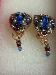 Michal Golan Earrings Clip On Heart Drop Dangle Gold Tone Byzantine Style Mosaic