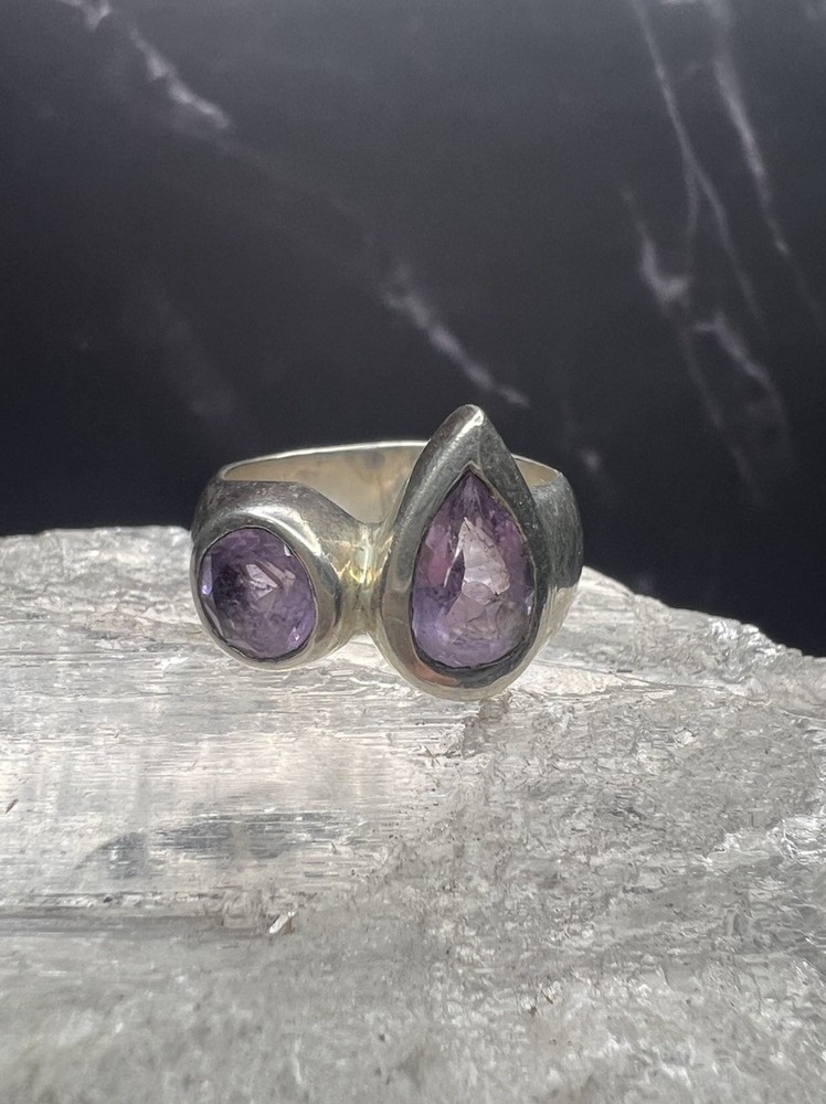 Vintage 925 Sterling Silver Teardrop & Round Faceted Amethyst Ring Size 6.25