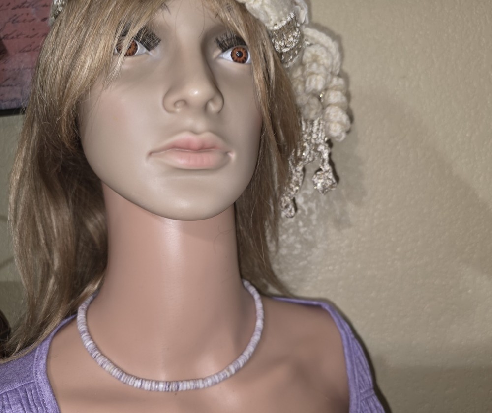 Vintage Delicate tinted light purple Puka beads necklace 15.5 inches 1970 surfer