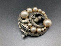 Vintage Pot Metal Large Faux Pearl Art Nouveau Leaf Brooch Pin