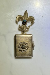 17. Vintage Rare CORO Gold tone Hinged Photo Book Locket Medal Pin Brooch