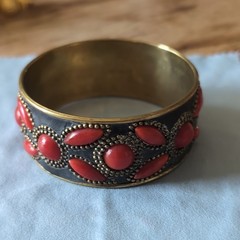 Vintage Brass & Red Enamel Dot Bangle Bracelet Ethnic Studded Boho Tribal 8”