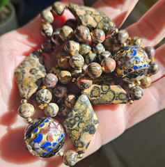 Vintage Necklace LARGE Cloisonne Bead Leopard Jasper Gemstone Knotted 33″