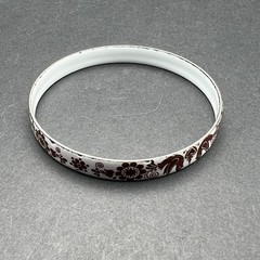 Vintage Enamel Bangle Bracelet White Red Brown Folk Art Bird Floral Boho Retro