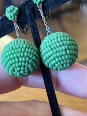 Vintage Green Glass Seed Bead Dangle Drop Clip On Earrings Go Go Style 2”
