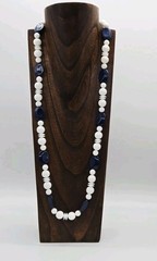 Geometric Beaded Necklace White Blue Asymmetrical shapes Silver tone 33 in