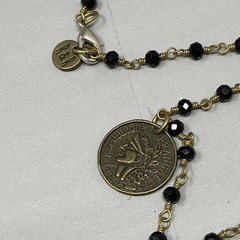 Designer Glass Bead Necklace R&R Coin Charm Chain Links Black Facet Retro 28″