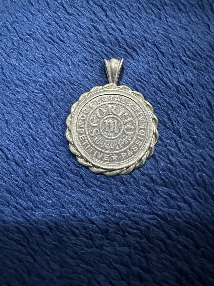 Vintage Sterling Silver Round Scorpio Horoscope Necklace Pendant, 1.25in Long
