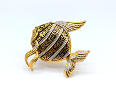 Vintage Damascine Black & Gold/Silver Large Angel Fish Brooch-Spain