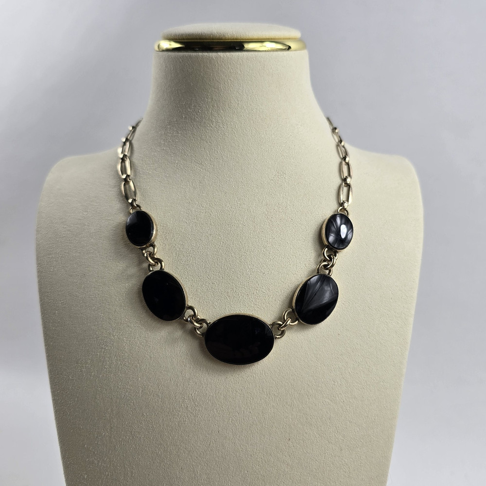 Vintage Symmetalic Sterling Silver 14k 1/20 GF Onyx Necklace Choker 15.5″