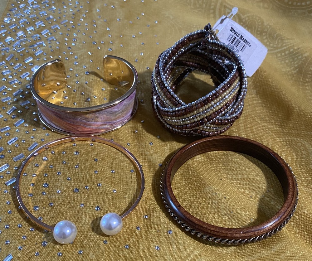 Bracelet LOT of 4 Beads Wood Metal Cuff & Bangle
