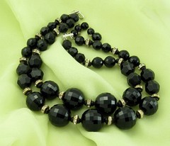 Vintage Necklace 1950s Black Lucite 2 Strand Rhinestone Rondel Beads Adjustable