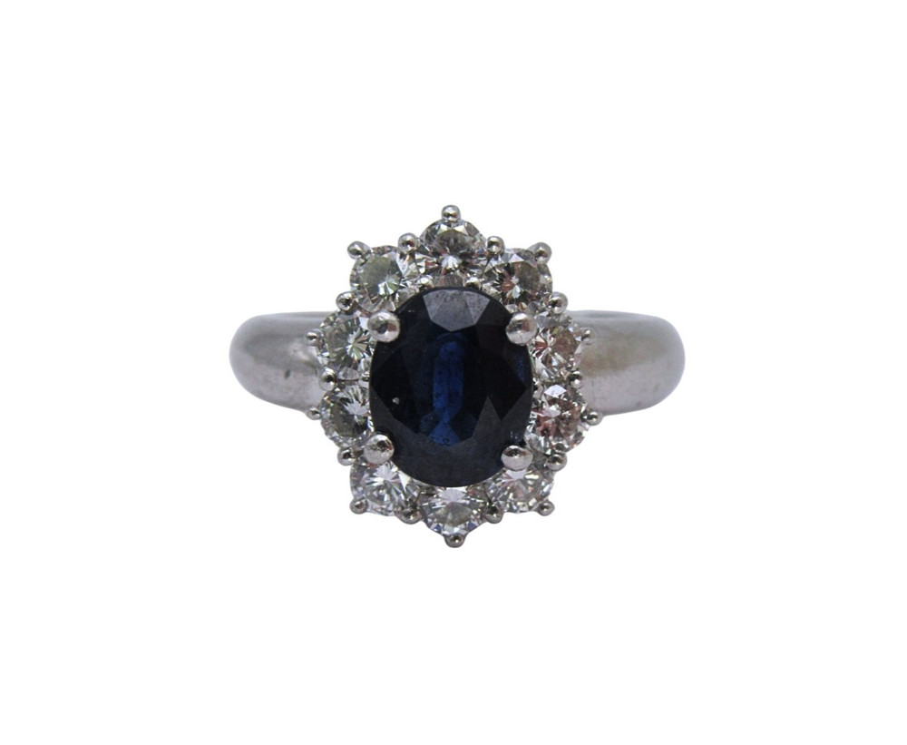 Platinum Oval Sapphire Diamond Halo Vintage Ring