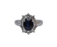 Platinum Oval Sapphire Diamond Halo Vintage Ring