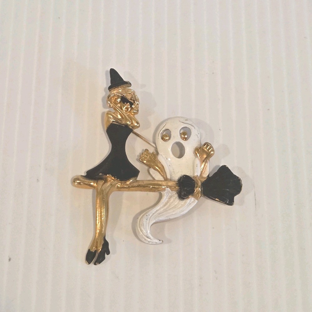Vintage AJC Croquette Brooch Gold Tone Enamel Halloween Witch Broomstick Ghost