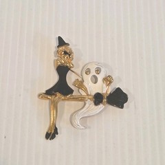Vintage AJC Croquette Brooch Gold Tone Enamel Halloween Witch Broomstick Ghost