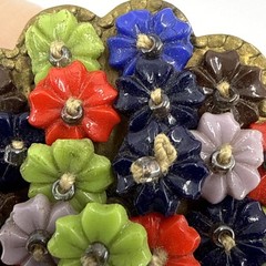 Vtg 1940s Miriam Haskell Brooch Wired Lucite Flower Filagree Pin 1.5″ Colorful
