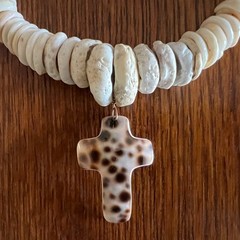 Puka Shell Necklace Vintage 70s w/Hand-Shaped Tiger Cowrie Shell Cross Pendant