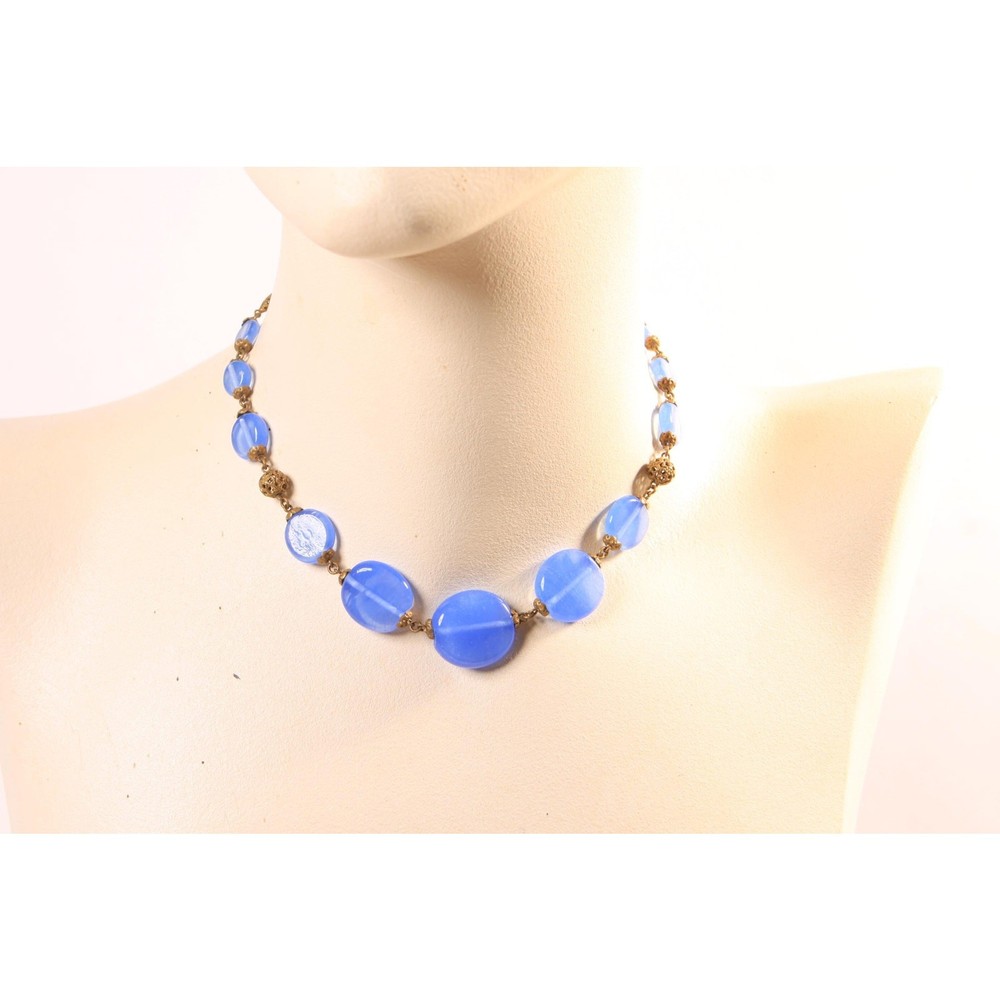 1940s 1950s Purple Blue Circle Disc Glass and Brass Metal Beaded Necklace